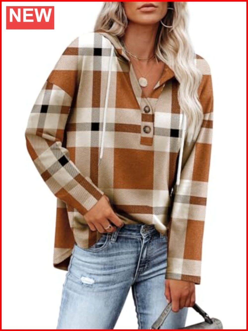 V Neck Hooded Sweatshirt Plaid Tunic Pullover Loose Flowy